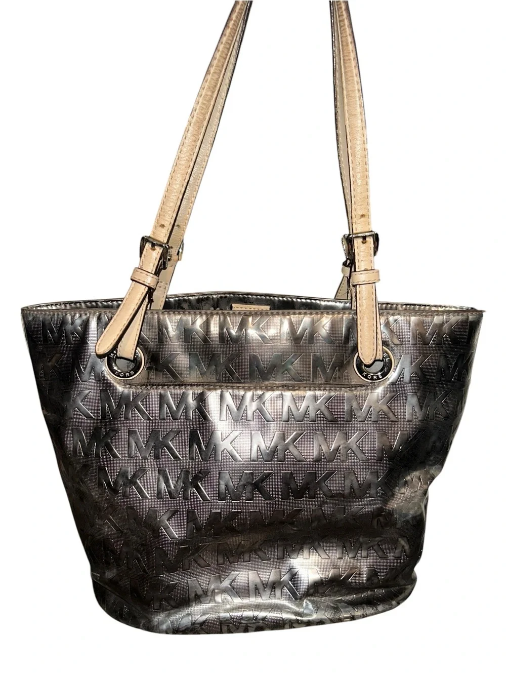 Michael Kors Dark Brown MK Monogram Tote with Tan Straps - Picture 2 of 5